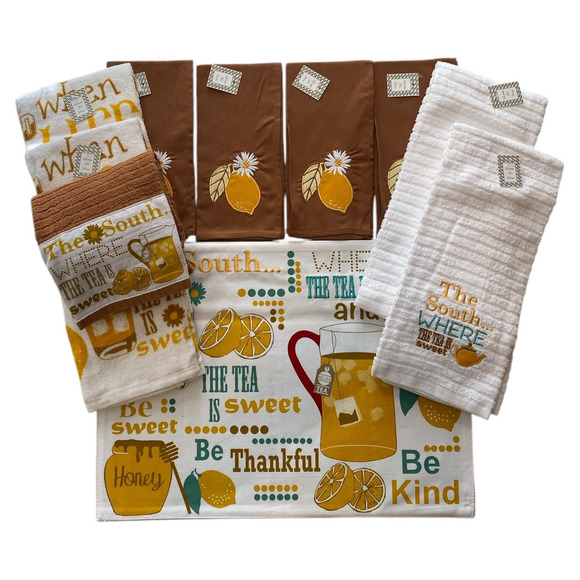 13 Pc Set Sweet Tea 4 Placemats 4 Napkins 5 Absorbent Towel Set Lemon Daisy NEW - Picture 1 of 10